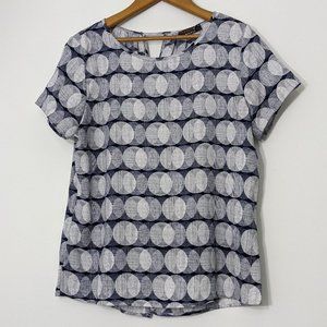 Navy Blue Geometric Print Blouse, Circle Pattern